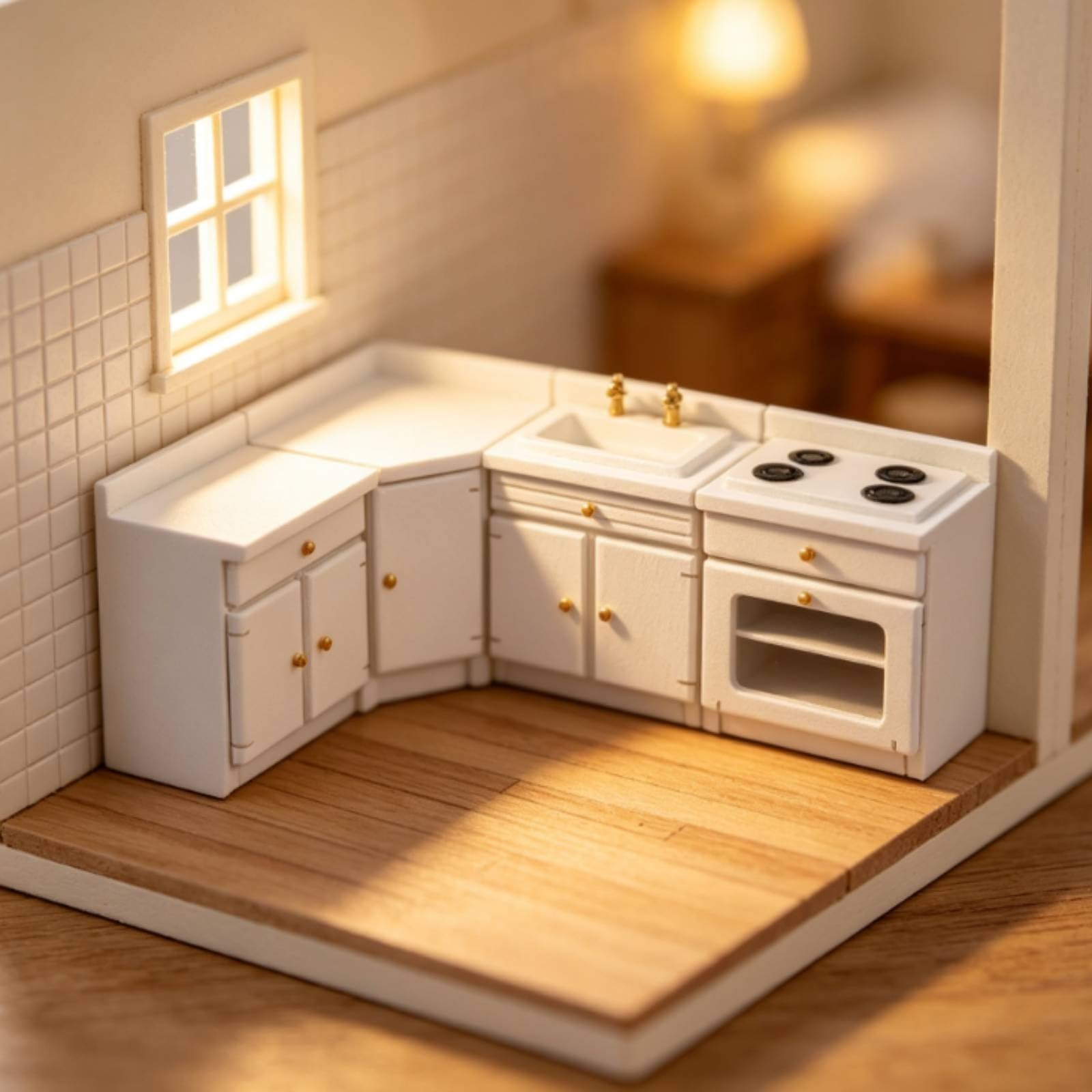 Mobiletta Cucina in Miniatura con Lavello Fornello Frigo E in Legno di Betulla per Casa Delle Bambole Diorama Collezionisti Regalo
