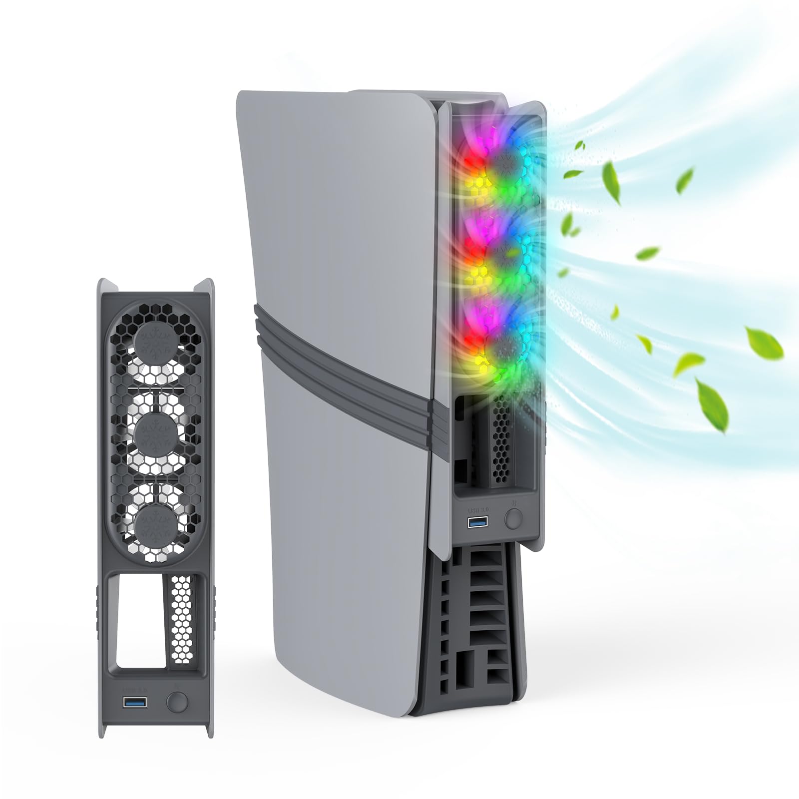 Ventilateur de refroidissement pour PS5 Pro/PS5 Slim,Console Ventilateur de refroidissement externe,Ventilateur silencieux avec éclairage RGB pour PS5 Pro/PS5 Slim Disc&Digital Edition (gris)