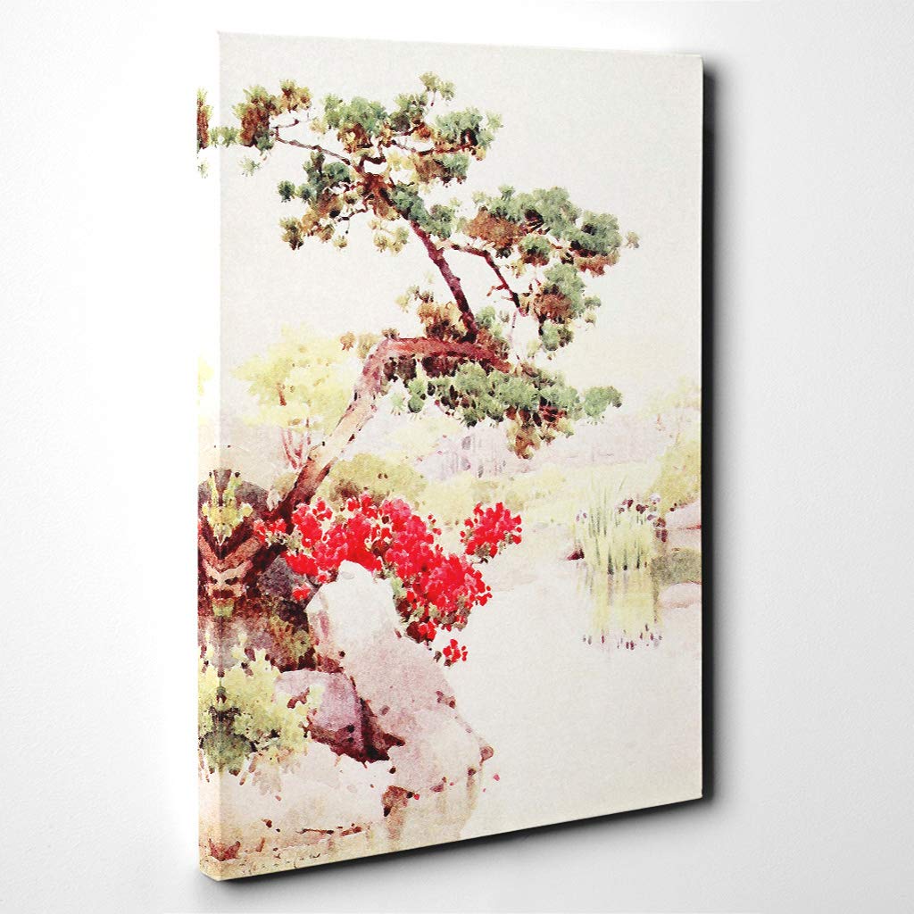 Ella Du Cane Japanese Oriental Azalea and Pine-Tree n 1908 Canvas Print | Gallery Wrapped 30mm Frame Wall Art | 30x20 inches | Ready to Hang | Asian Landscape Picture | Living Room Lounge Office