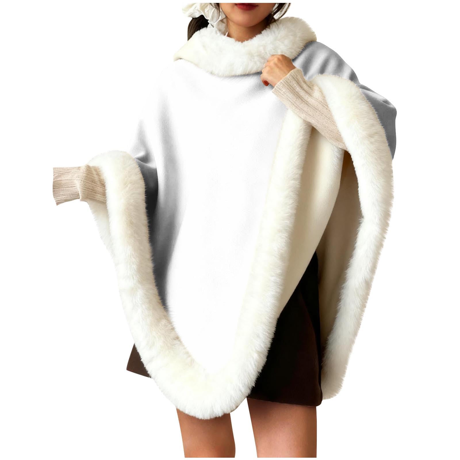 Womens Faux Fur Trim Poncho Sweater Fleece Lined Pullover Shawl Turtleneck Wrap Scarf Cape Gifts for Women