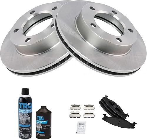 Miniatura 2 de TRQ Kit de pastillas de freno y rotor semimetálicas delanteras izquierda y derecha con productos químicos compatibles con Ford Bronco F-150 1994-1996