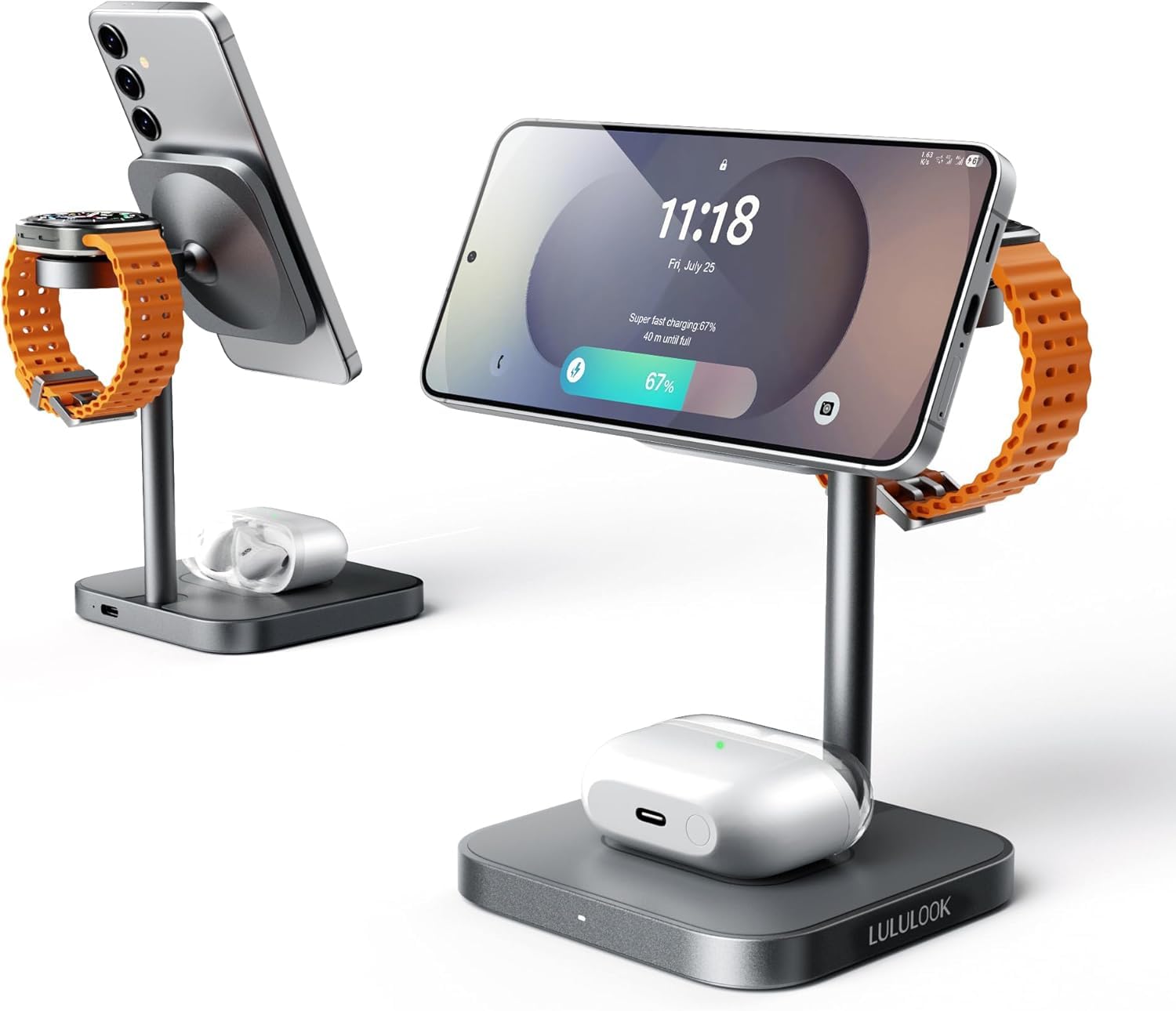 LULULOOK Estación de Carga para Samsung,3 en 1 Cargador rápida de 15W Inalámbrico de Aluminio para Galaxy S25 Ultra S24,S23 S22,Note,Z Fold 7,Flip,Cargador de 5W para Galaxy Watch Ultra/7/6/5/4/Buds