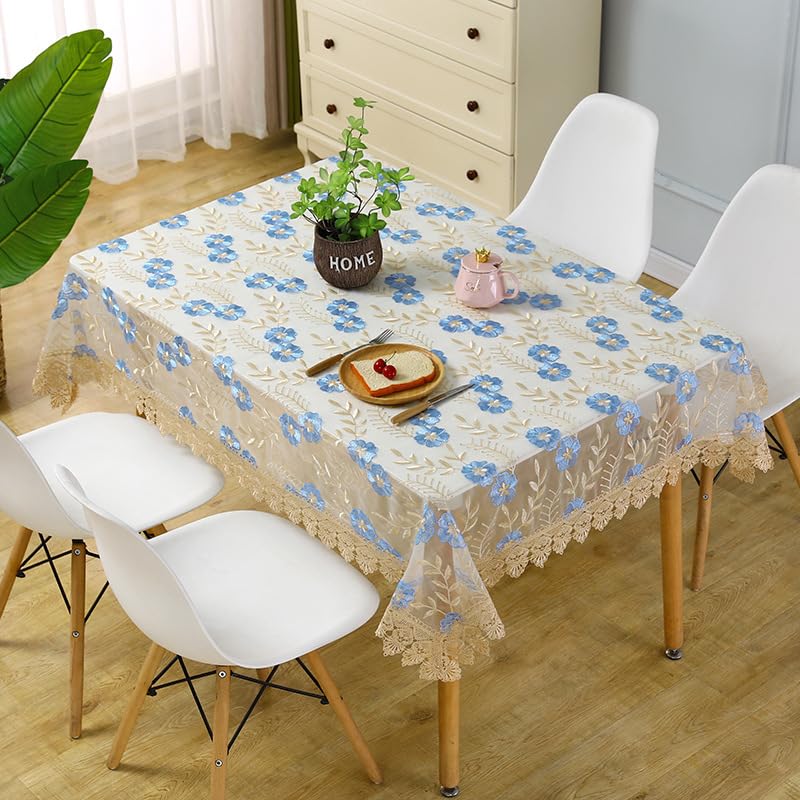 Nappe en dentelle macramé vintage bleue brodée table carrée cuisine shabby chic
