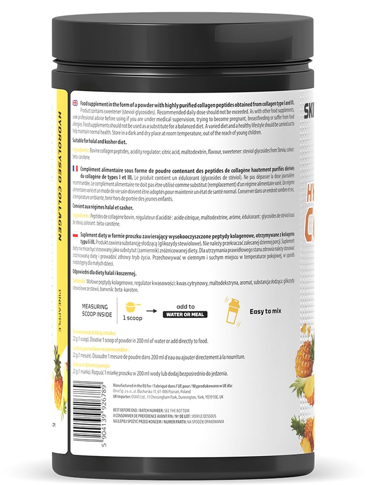 SKILL Nutrition Peptides de Collagène Hydrolysé Type I & III | Saveur Ananas | 18 Acides Aminés : Glycine, Proline | Haute Biodisponibilité | Soutien Peau, Cheveux & Articulations | 660g