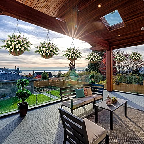 Artificial Hanging Flower In Basket For Home Courtyard Decoration, Artificial Silk Chrysanthemum And Afern Arrangement In 12 Inch Coconut Lining Hanging Basket For Outdoors Indoors Decor(Pink White) #TOP1