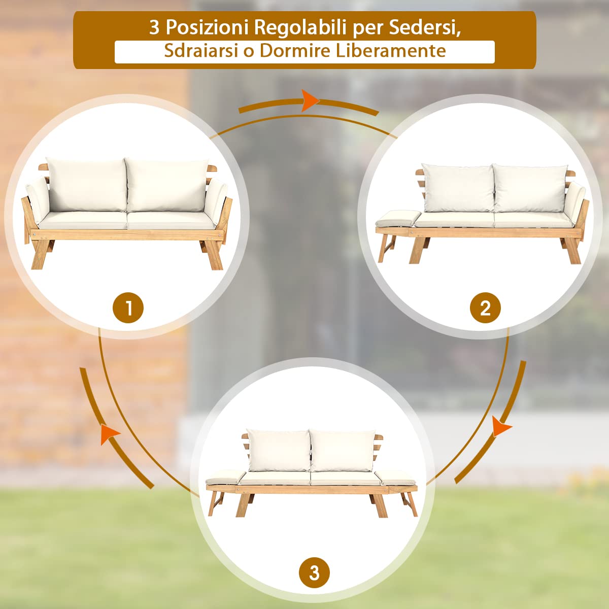 COSTWAY Divano Esterno a 2 Posti, in Legno di Acacia, Lettino Giardino con Braccioli Regolabili, Sdraio da Giardino con Cuscini, Chaise Longue per Giardino, Piscina, Cortile (Bianco)