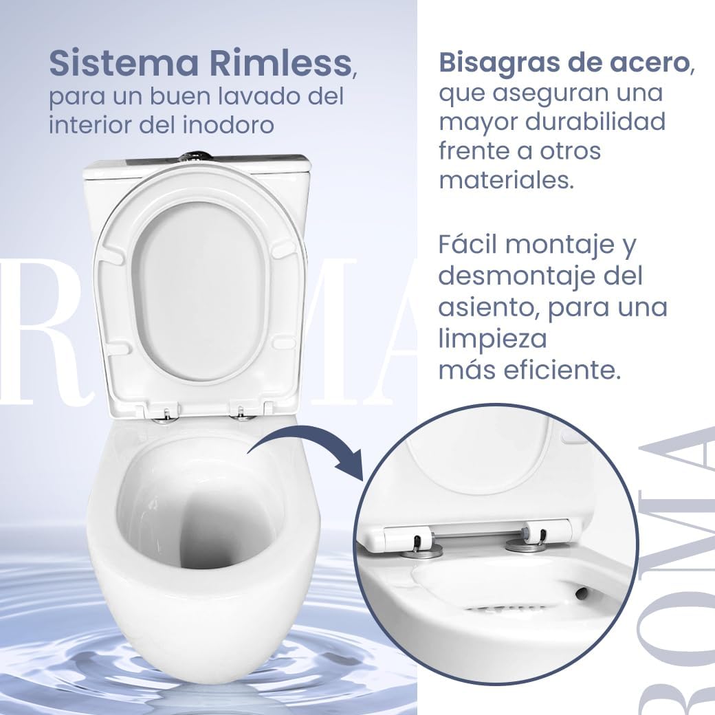 Inodoro Completo - WC Inodoro Completo con Sistema Rimless Antibacterias - Vater Baño con Tapa Dura Extrafina Amortiguada - Salida Dual Eficiente con Ahorro de Agua - WC para Hogar Blanco