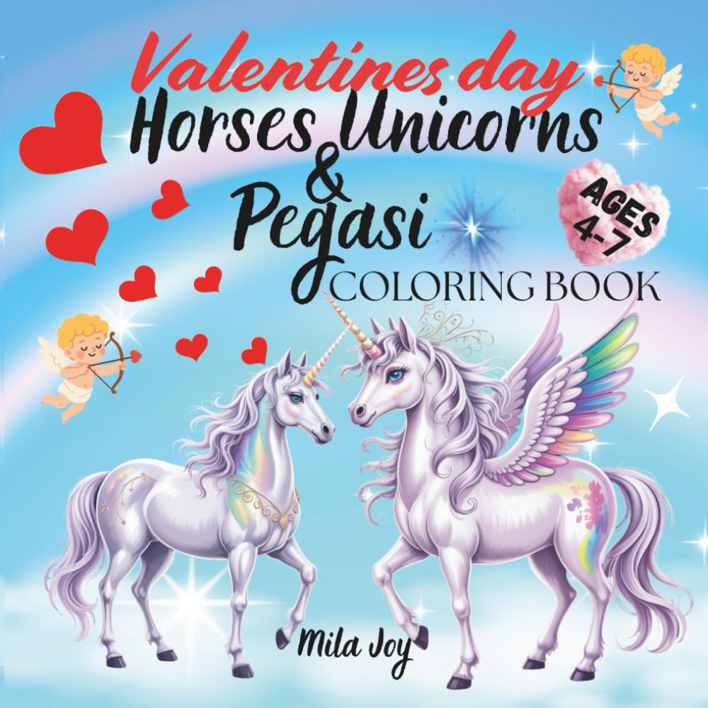 Valentines Day Horses Unicorns and Pegasi.: A Cute Coloring Book for Kids with Bold Lines, Hearts and Magical Creatures.