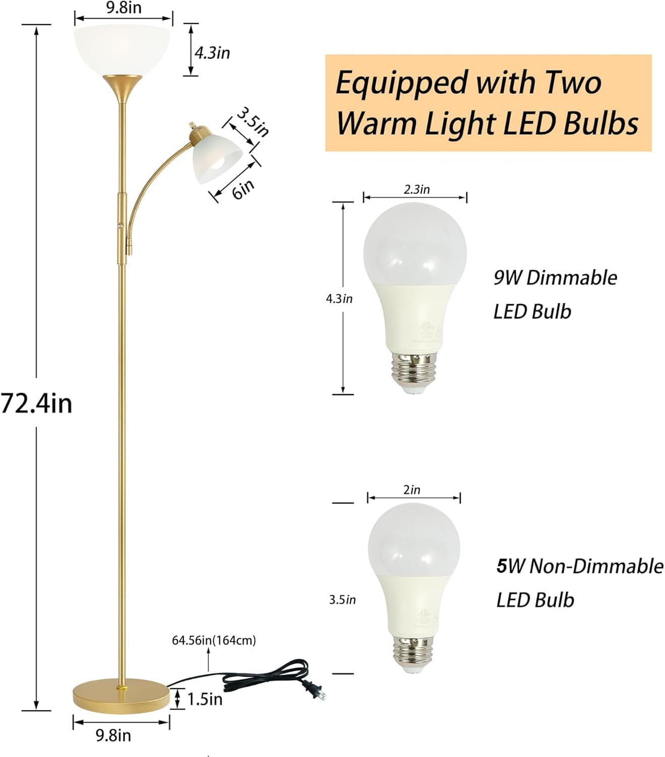 Floor Lamp, Standing lamp, Stepless Dimming Brightness, Included 9W and 5W LED Bulbs, Lamp for Living Room, Bedroom, Office, Reading