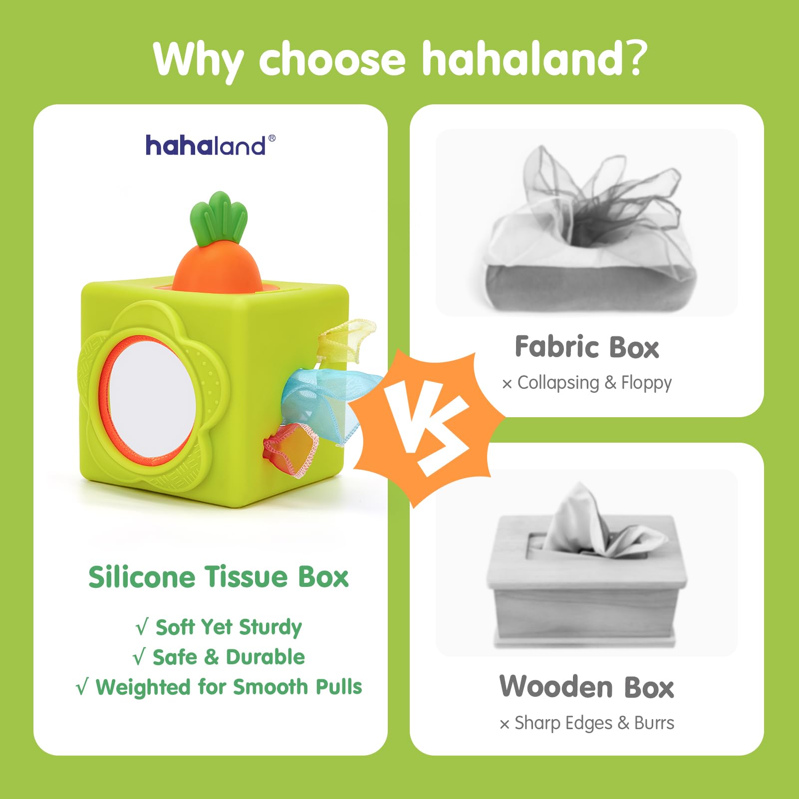 hahaland Juguetes Bebes 6-12 Meses - Caja Pañuelos de Silicona con Pop-up Interactivo, Espejo - 6 in 1 Cubo Actividades Montessori Bebe 6 Meses Regalo 1 año