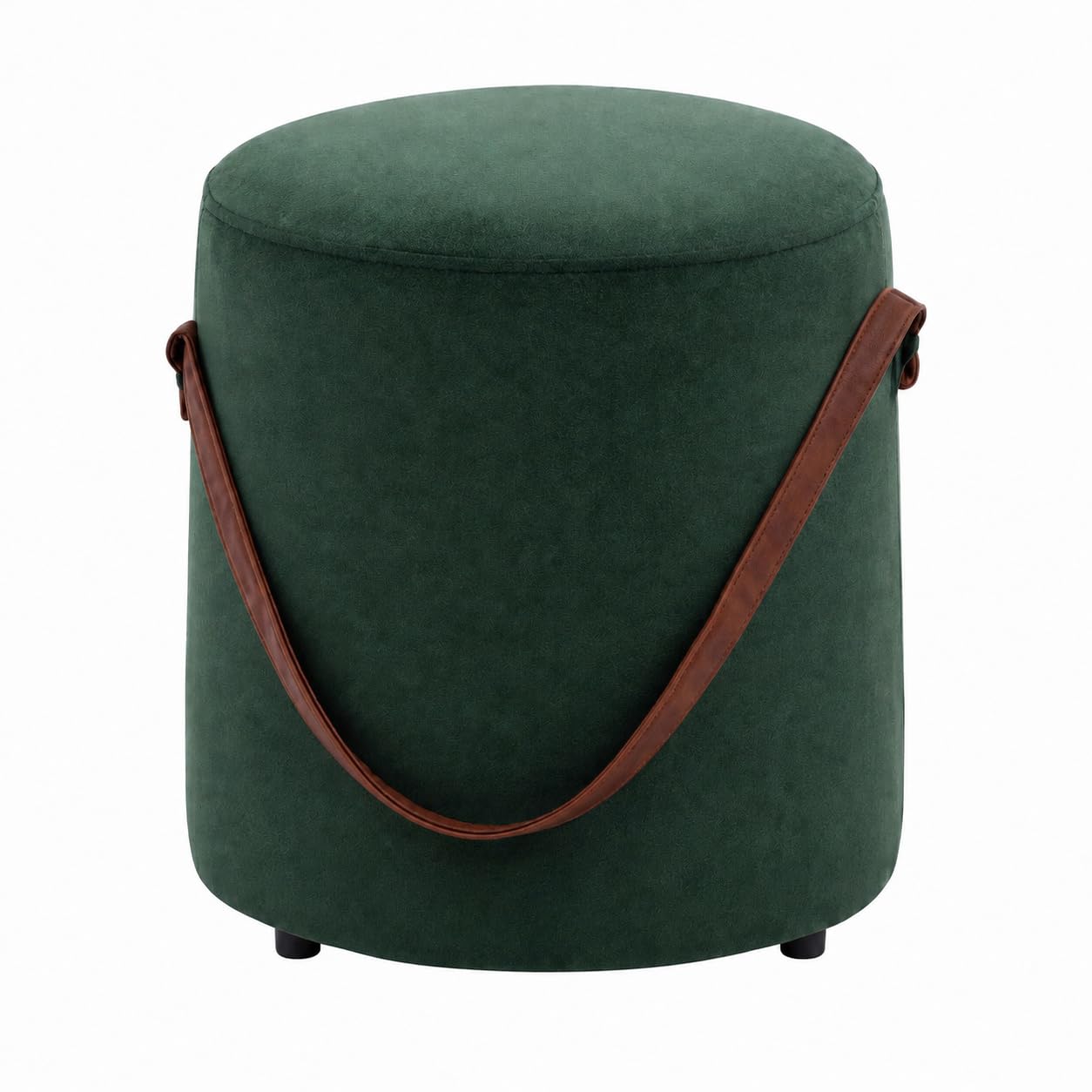 Luxury Boucle Pouf Ottoman Stool for Living Room with Faux Leather Handle | Modern Footrest Pouffe Seat for Bedroom, Vanity & Lounge | Soft Fabric Round Ottoman-image-11