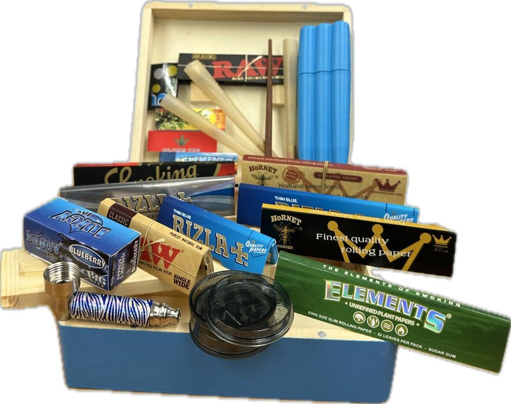 Fenny's Creations Large Rolling Supreme Wooden Box Gift Set Papers Filter Tips, Natural, Rolling Box Set Large Storage Box with Compartments | Kit#06