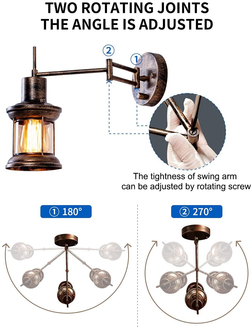 FLOURIM Wall Light Fixture,Dimmable Swing Arm Wall Lamp Hardwire Plug in Wall Sconce Rustic Vintage Bedside Reading Lamp with On/Off Switch Cord for Kitchen Bedroom Living Room(1Pack)