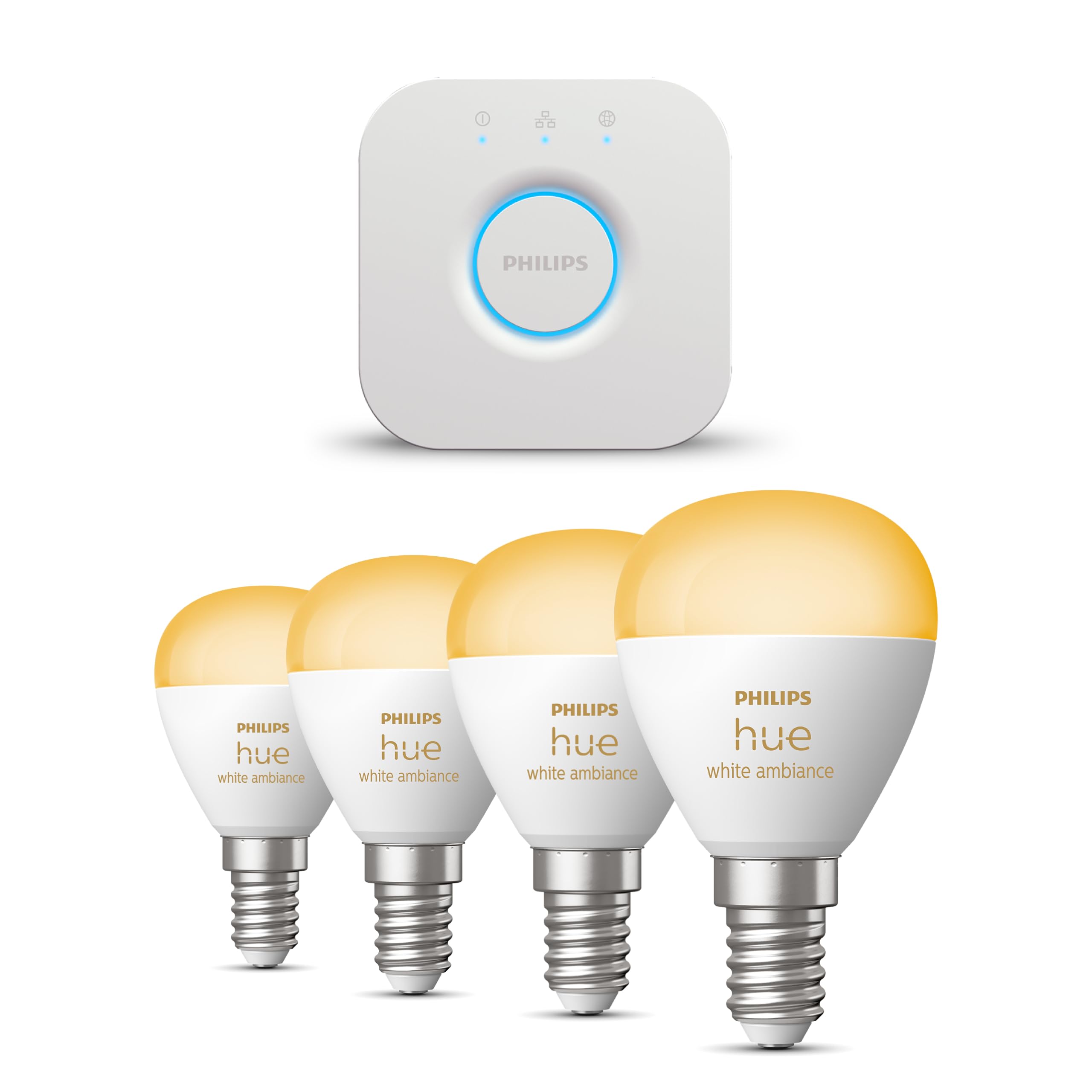 Philips Hue Starterpaket - E14 - mit 4 Kugel LED Lampen - Warm bis Kaltweißes Licht - inkl. 1 Hue Bridge - Hue White Ambiance