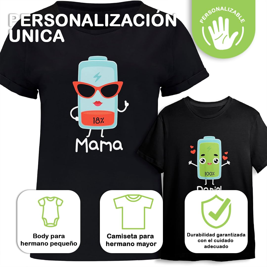 Evyre | Camisetas Personalizadas Regalo Día de la Madre | 100% Algodón | Camiseta Personalizada Mujer + Body Bebe o Camiseta Niña/Niño | Diseño Batería, Energía | Regalos para Mamá e Hijos Originales