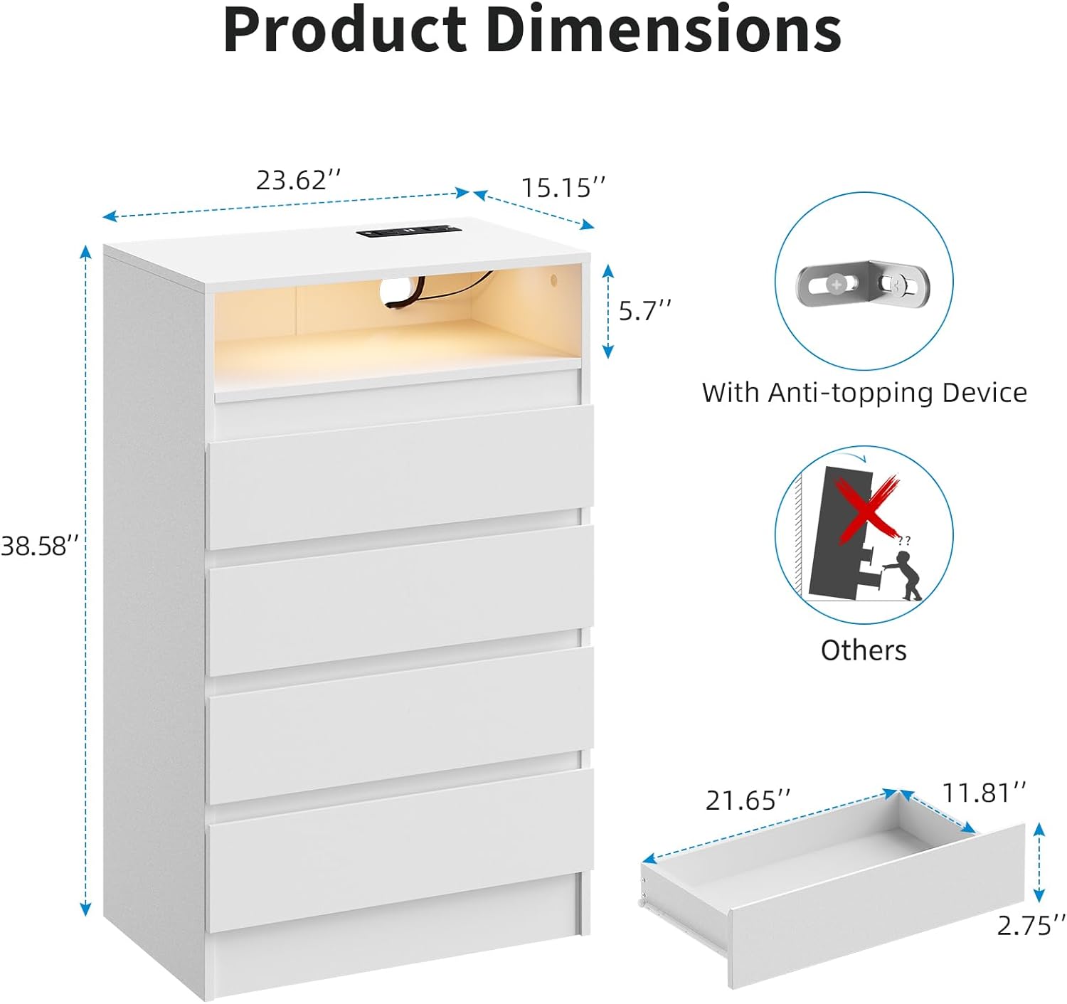 Diagram showing product dimensions and anti-tipping device
