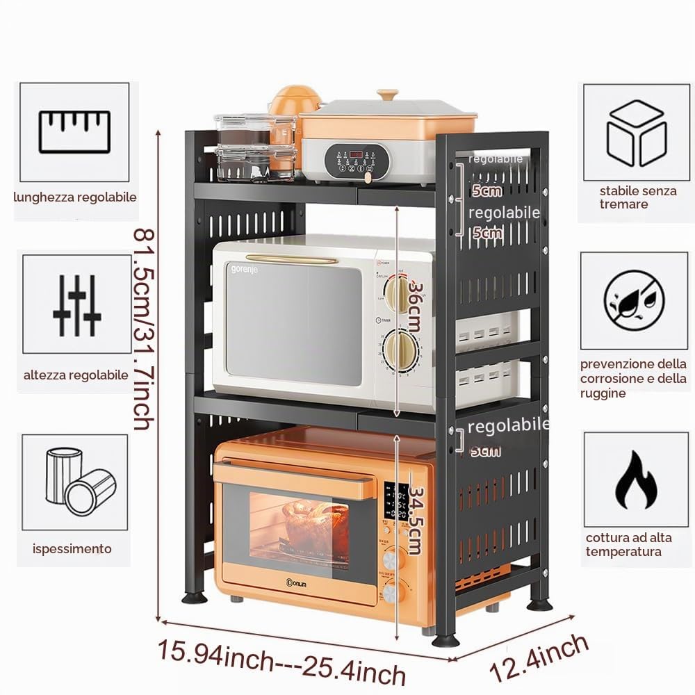 3 Ripiani Mensola Microonde Estensibile, Staffa per Mini Forno con 6 Ganci, Supporto per Microonde con Portaspezie, Microonde Scaffale per Ripiani da Forno da appoggio 40.5-64cm