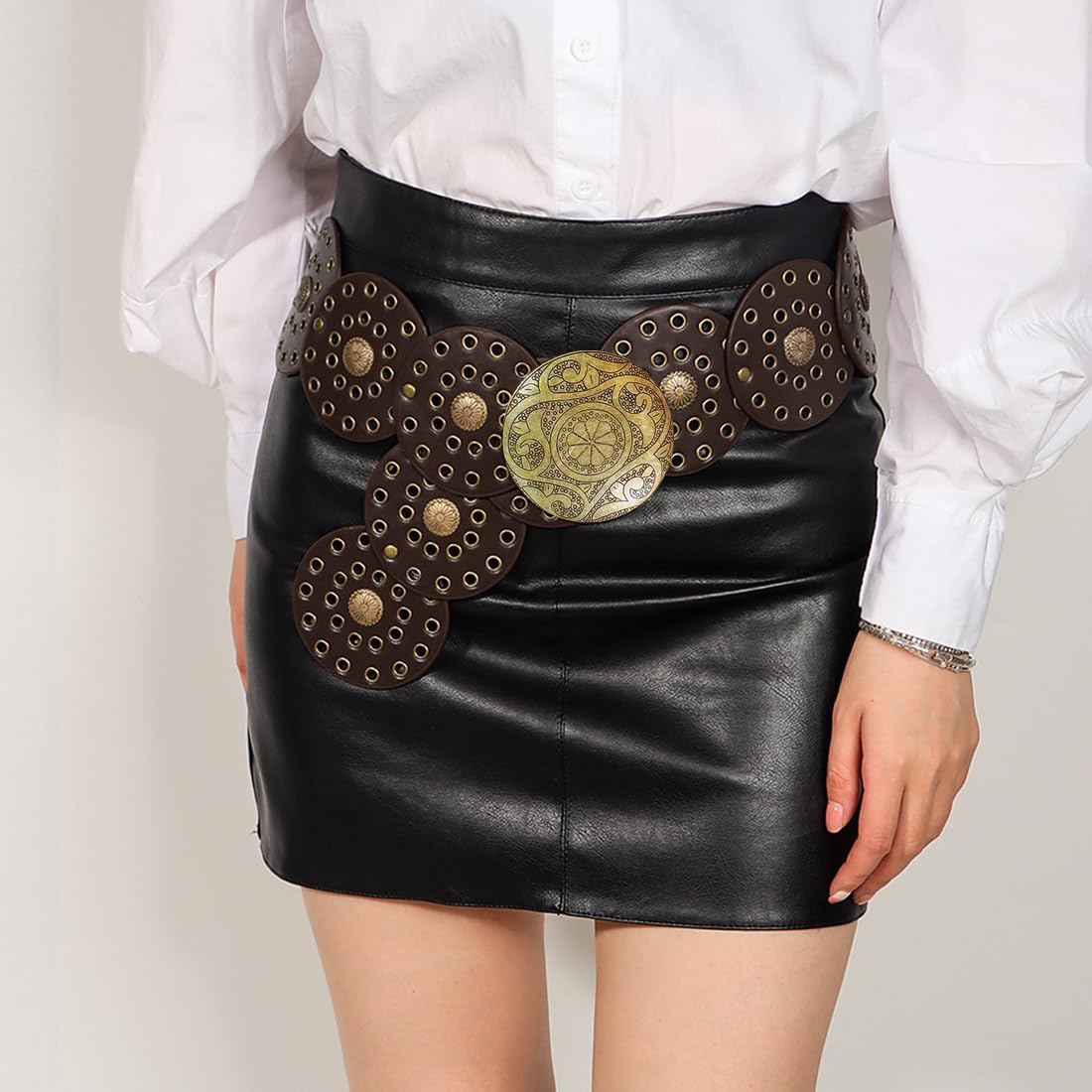 Cinturón de disco ancho hueco para mujer, cinturón redondo de cuero con hebilla de metal, suave, duradero, vintage, cinturones de cintura occidentales