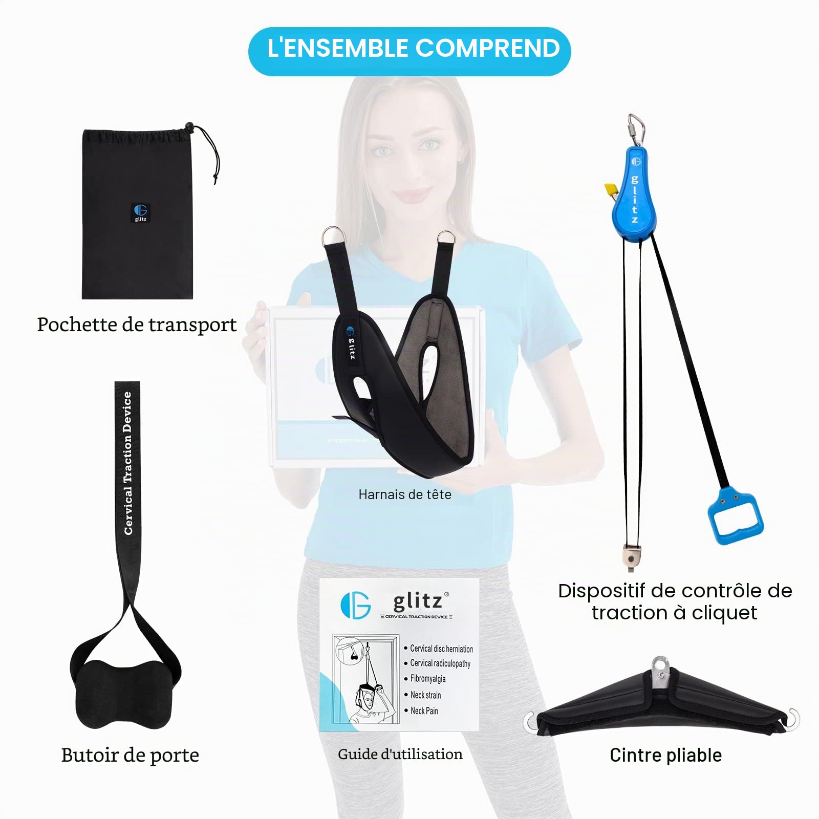 glitz Cervical Neck Traction Device for Home Use, Portable Neck Stretcher Hammock Over Door for Neck Pain Relief, Neck Sling for Spine Decompression