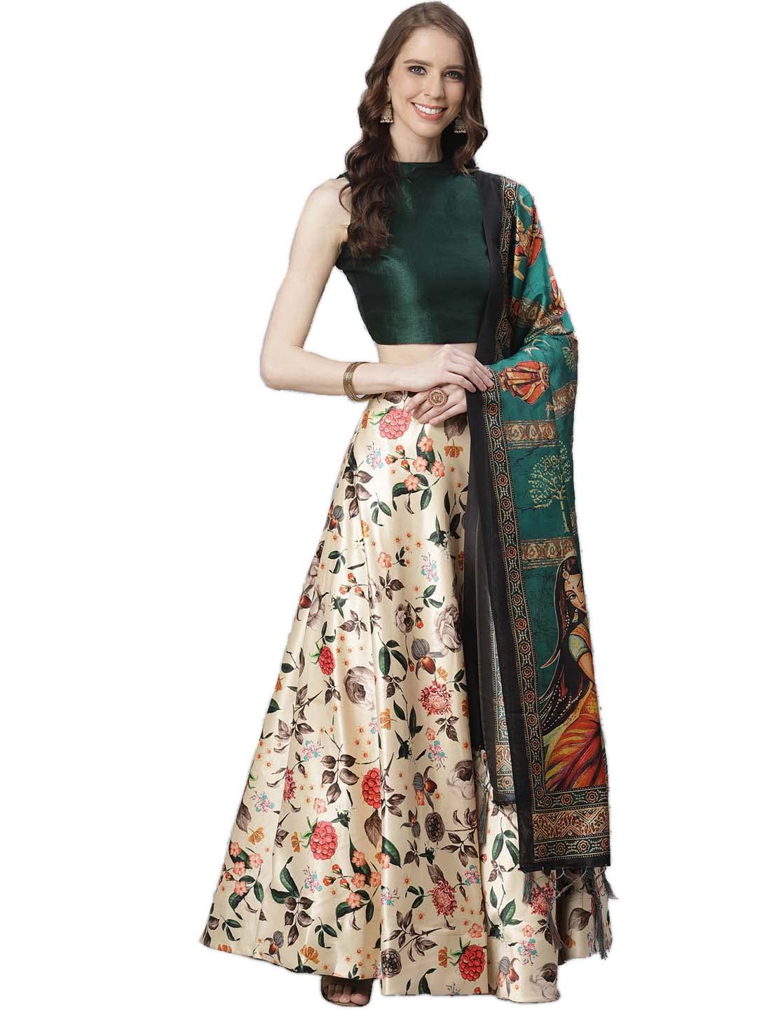 Women's Digital Printed Zari Satin Silk Semi stitched Lehenga Choli With Art Silk Dupartta