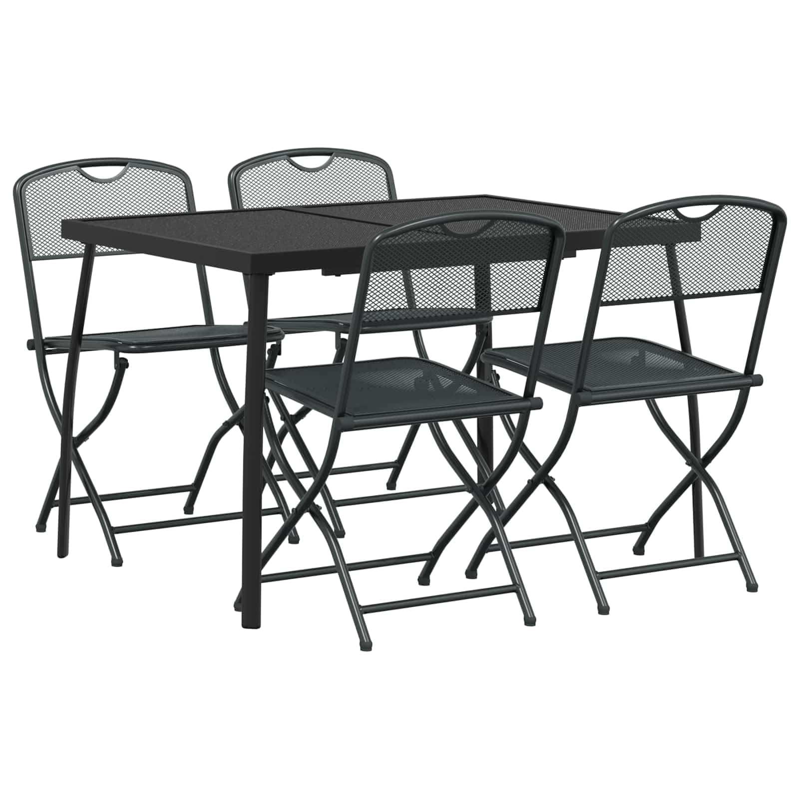 Set di mobili da giardino, 5 pezzi, colore antracite, set da pranzo per giardino e terrazza, in ferro e acciaio, con tavolo in rete da 110 x 80 cm e 4 sedie pieghevoli