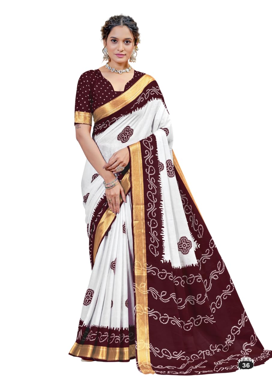 Handicrafts Women's Bandhani Hand Block Print With Heavy Zari Border on Pure Soft Cotton Mulmul Saree with running Blouse Piece-image-48