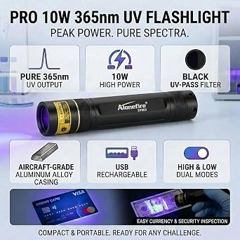 Alonefire SV003 10W 365nm UV Black Light Powerful LED Light Portable USB Rechargeable Anisakis Light Wood Inspection Pet Urine Detector Resin Curing Fishing Authentication Aluminum Case, Charger