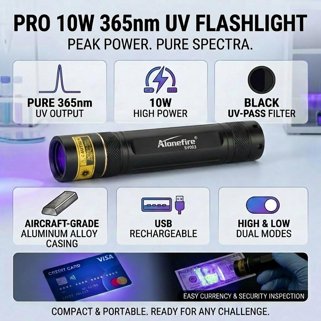 Alonefire SV003 10W 365nm UV Flashlight Portable Rechargeable