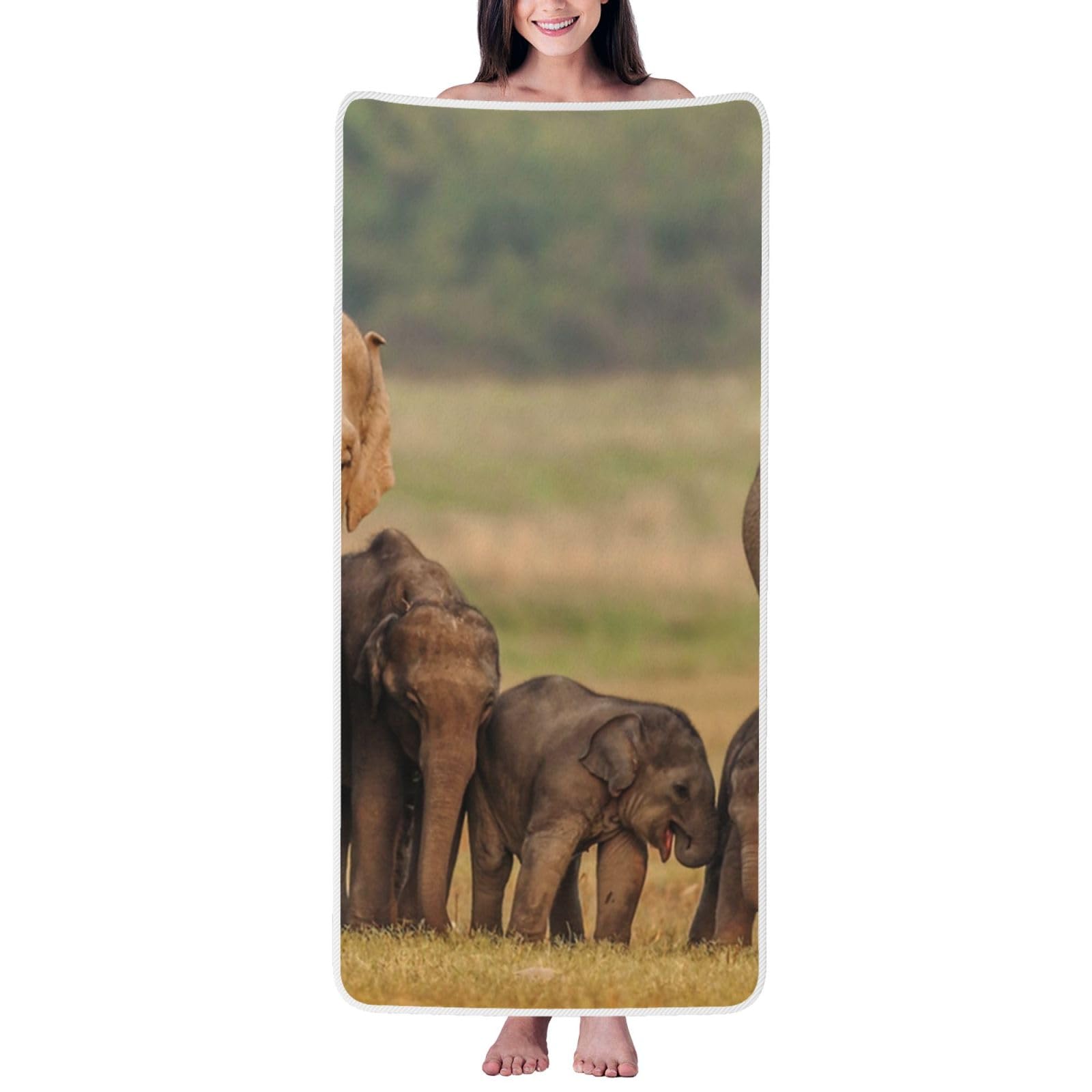 WPKJU Elephant Family Printed Bath Towel with White Edging - 27x55 in Soft Extra Absorbent Coral Velvet Shower Towels for Bathroom