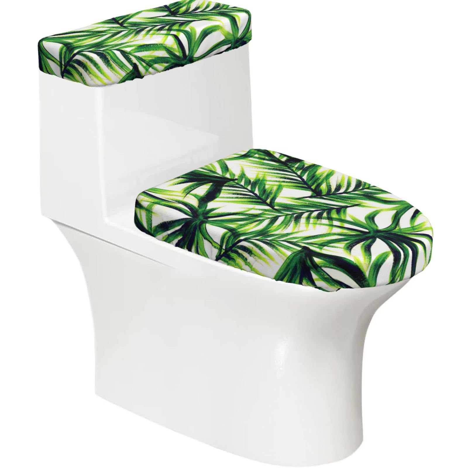 Palm Tree Green Leaves Print Stretch Toilet Covers Set, Polyester Covers Replacement For Fits Most Size Lids Bathroom Decor