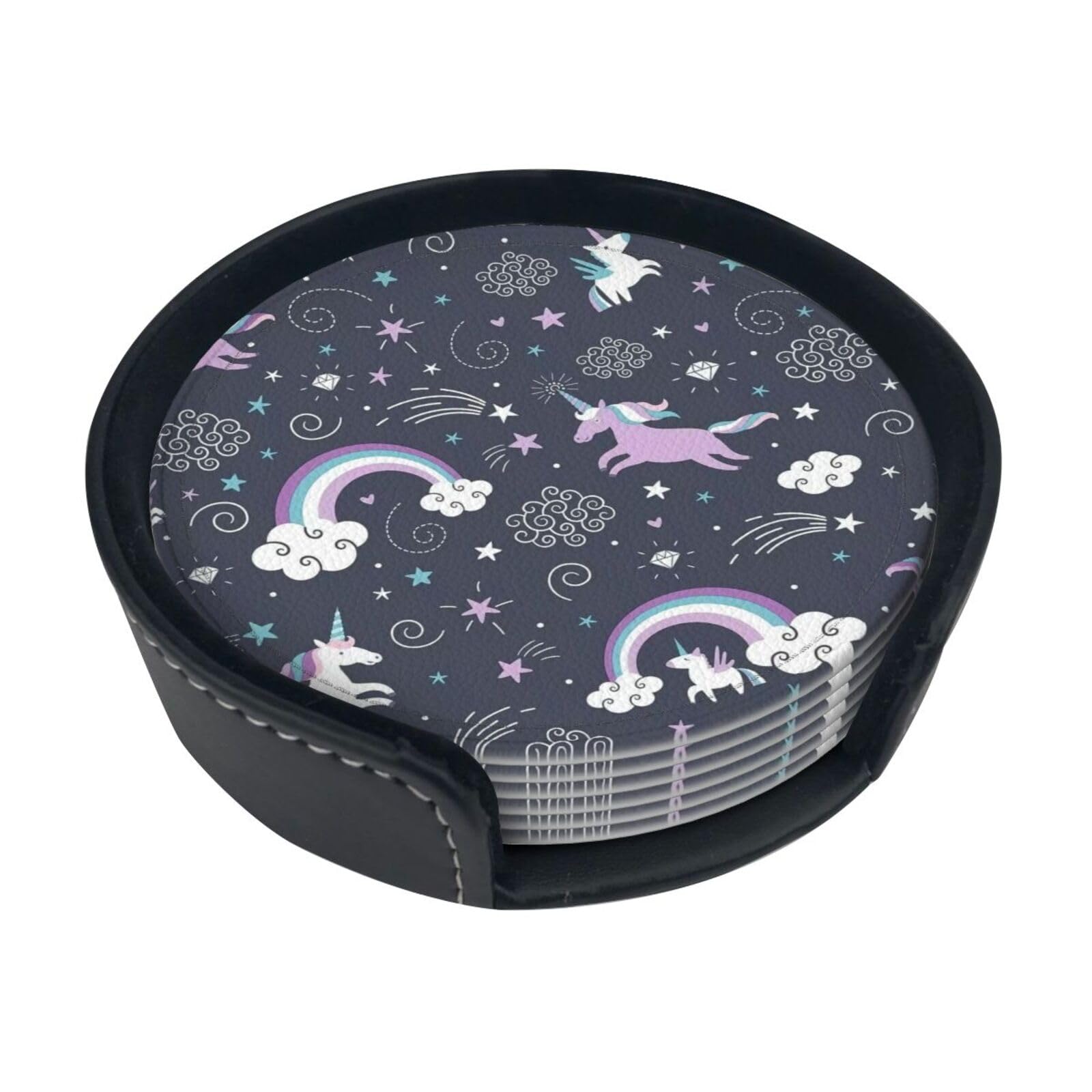 Cute Sea Animal Rainbow Print Round Coasters Set Of 6,Coaster For Tabletop Protection Home Bar Decor