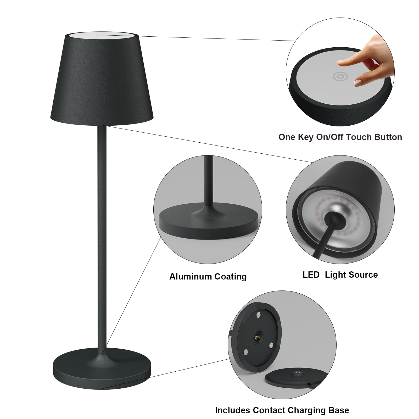 Klighten 2 Stück Dimmbare LED Akku Tischlampe, Warme Lichtfarbe 3000K, Aufladbar Designer Tischleuchte mit USB Ladestation, Anthrazit, Aluminium, Für Innen und Aussen