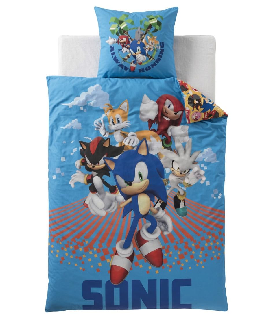 Sonic Le Hérisson Bleu Housse de Couette 140x200 + Taie 63x63 Polyester | Parure de lit qualité supérieure | Polyester Oeko-Tex | SEGA officiel | Garçon | Cadeau | Lavable en machine
