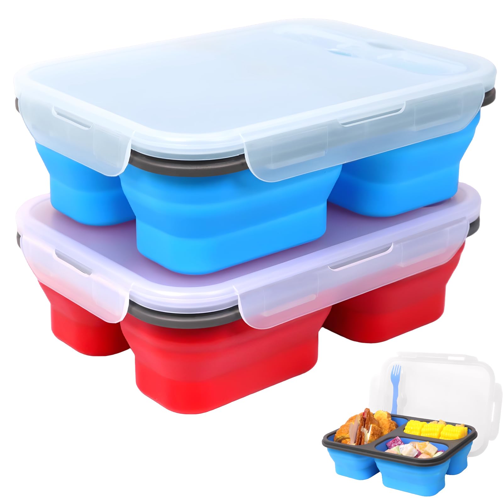 Big Collapsible Silicone Bento Lunch Box 2 Pack with 3 Compartments Each 45 6oz Food Storage Containers with