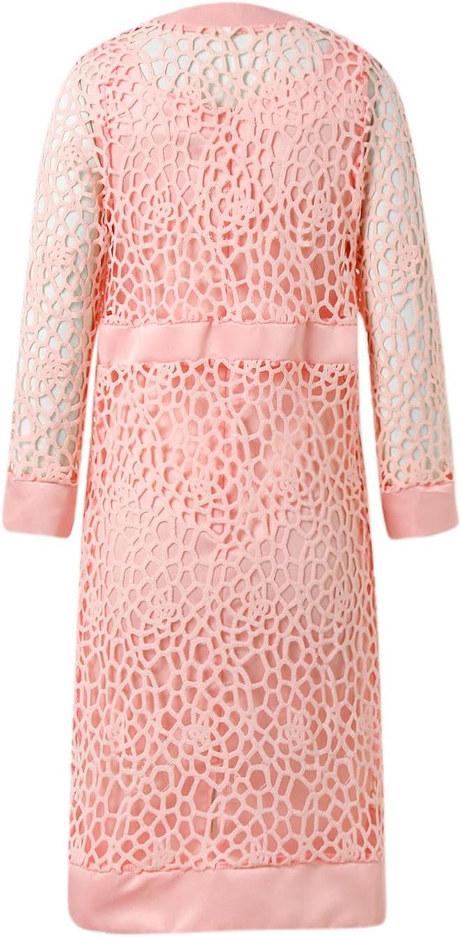 Womens Long Sleeve Hollow Out Lace Cardigan with Dress formal Party Two Piece Set Knee Length