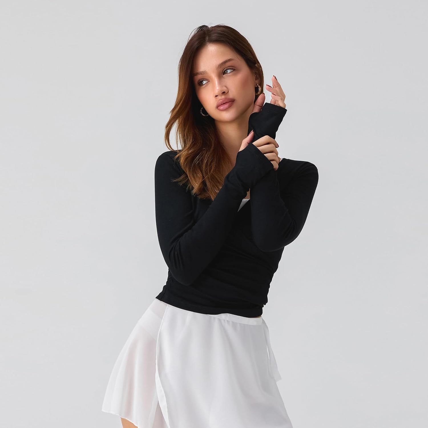 Women Wrap Top Thumb Hole Long Sleeve Self Tie Workout Shirt Pilates Ballet Yoga Tops - Image 3