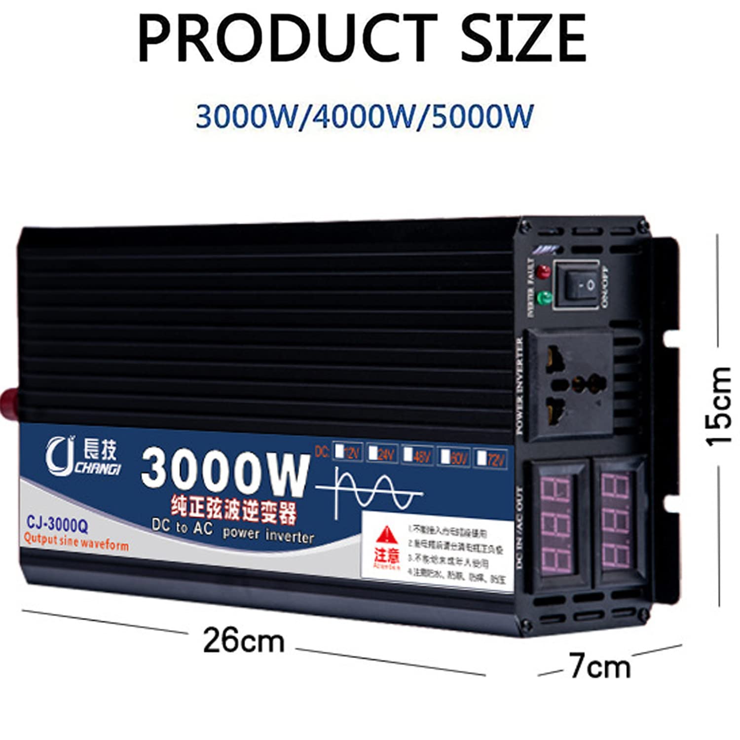 Przetwornice mocy czystej fali sinusoidalnej 3000W 4000W 5000W 12V 24V 48V 60V DC na AC 110V 230V konwerter z gniazdami prądu przemiennego i wyświetlaczem LED do ciężarówki RV,3000W-24V