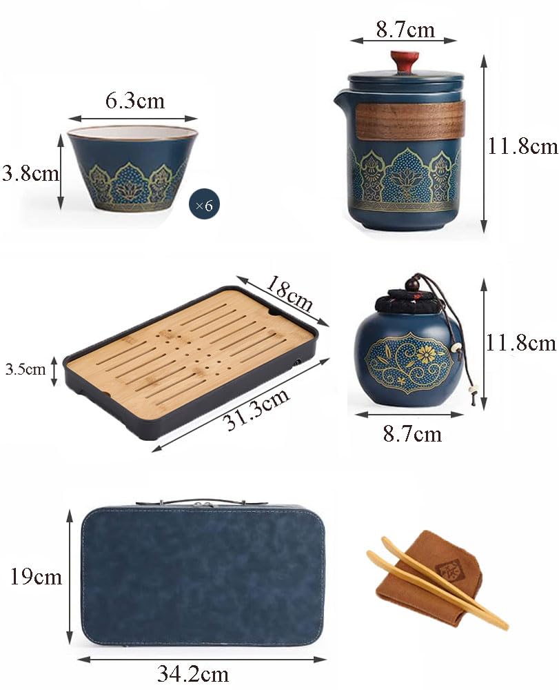 Servizio da tè in porcellana, set da tè cinese da viaggio con 6 tazze in ceramica, piccola teiera con filtro integrato per tè sfuso, elegante blu