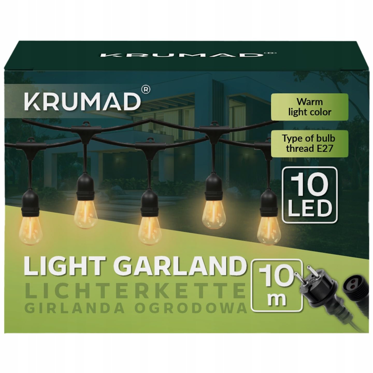KRUMAD Guirlande lumineuse LED extérieur 10m, ampoules E27 blanc chaud 2700K, IP44 résistant aux intempéries, éclairage de fête pour jardin, balcon, terrasse, guirlande lumineuse extérieure pour