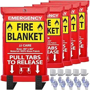 JJ CARE Fire Blanket  5 Packs with Hooks and Gloves  Emergency Fire Blanket for Home & Kitchen, High Heat Resistant Fire Suppression Blankets for Home Safety, Kitchen, and Camping