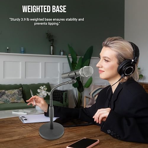 Miniatura 7 de Soporte telescópico de micrófono de cuello de cisne de escritorio, ajustable de 12 a 18  de altura con brazo flexible de 6 pulgadas, base pesada de