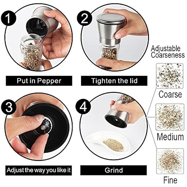 Salt and Pepper Mills with Matching Stand- Amison Stainless Steel Salt and Pepper Grinder Mill Set - 5 Grade Precision Adjustable Ceramic Rotor with Funnel (2 Pack Pepper Mills)