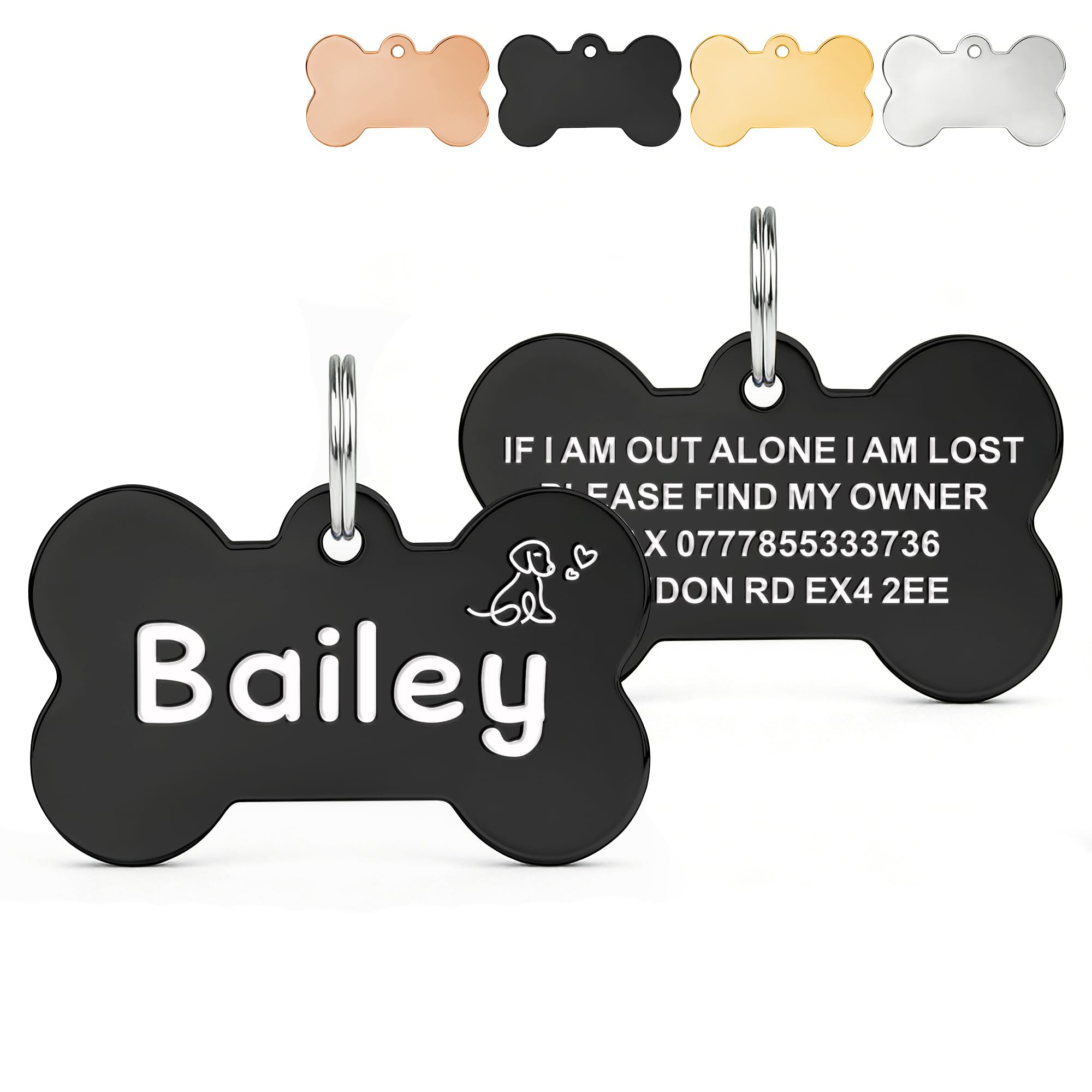 Deep Engraved Dog Tags for Pets UK Prime, Personalised Cat Dog Name ID Tags, Stainless Steel Pet Tag for Doggy Kitten Kitty Puppy, Scratch Resistant Tag (Black Bone, S) โ image 1