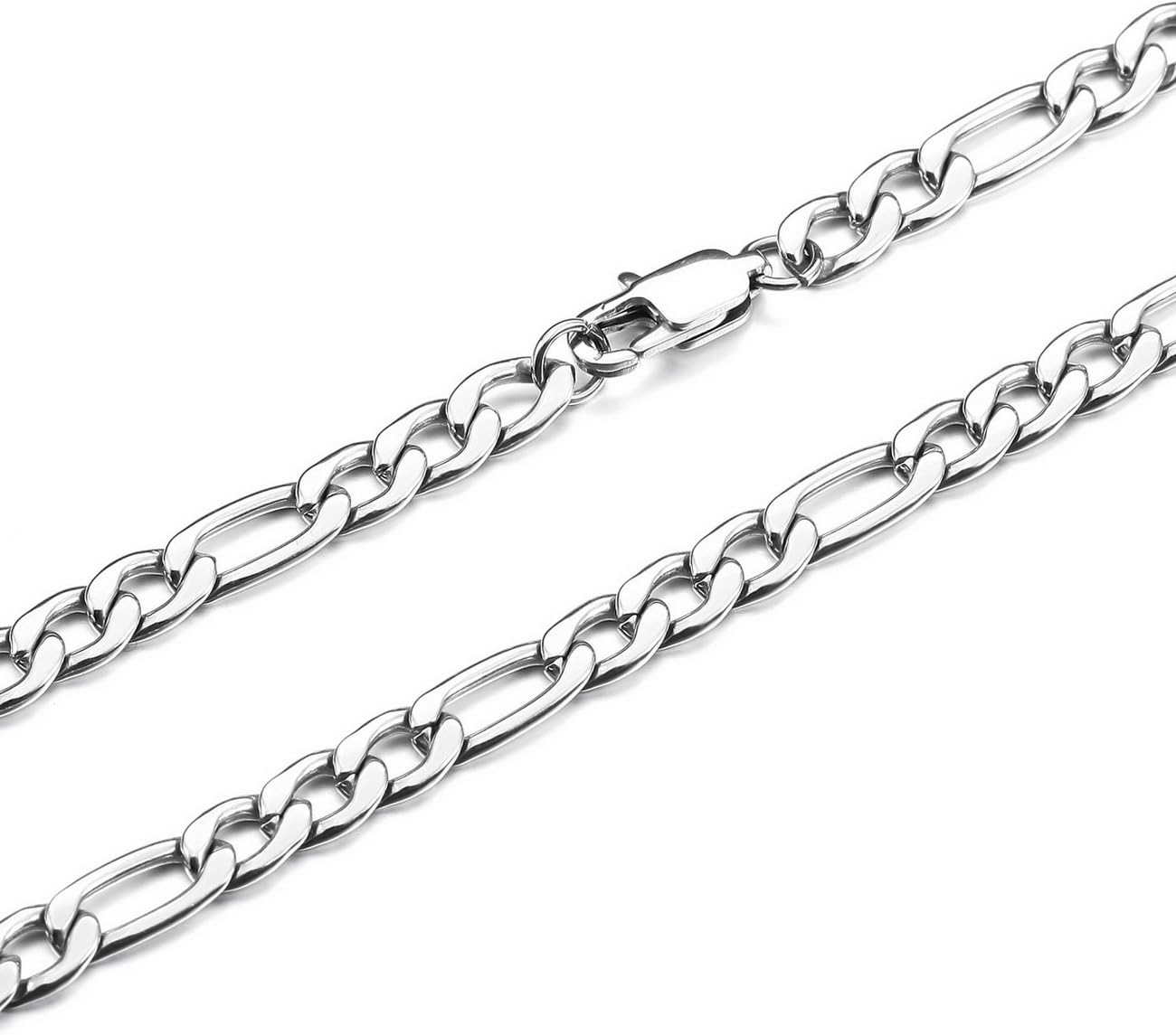 MOWOM Silver Tone 5.0mm Wide Stainless Steel Necklace Figaro Chain Link 14~40 Inch