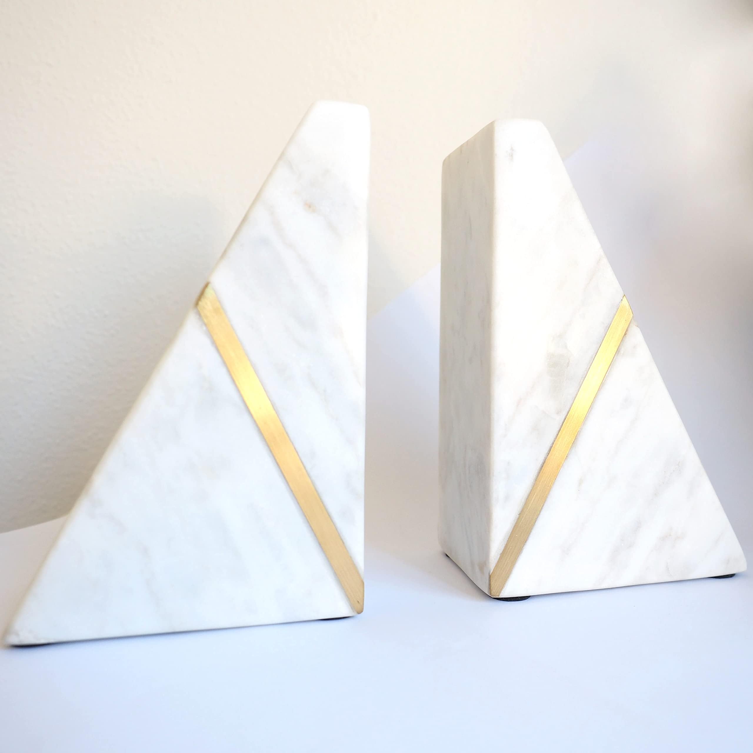 Marble Bookends Handcrafted Heavy Marble Triangular Bookshelf Decor Brass Inlay Set of 2 Decorative Bookends Book Stoppers with Non-Skid Bottom Solid Home Kitchen Office Shelves Triangle