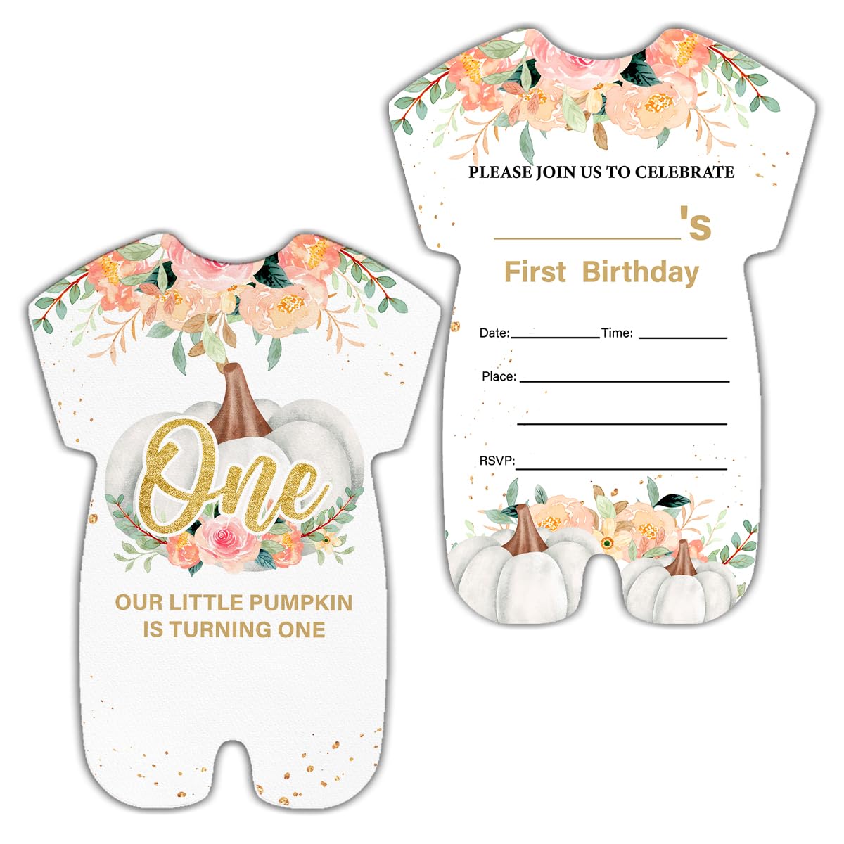 fall pumpkin 1st birthday invitations, autumn floral pumpkins first birthday party fill in invites cards with envelopes (20 count), double sided design