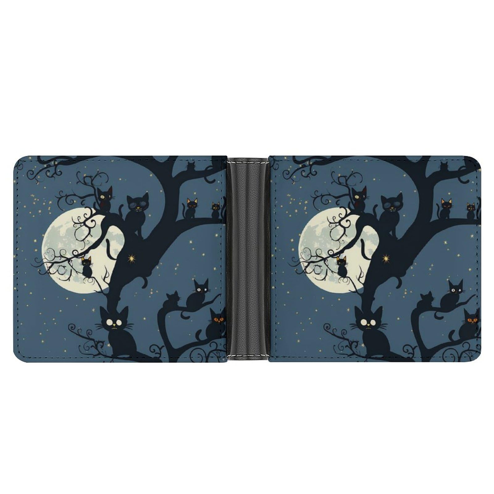 Halloween Black Cats on Tree in Night Bifold Wallet PU Leather Card Cash Holder Cute Purse for Men Women