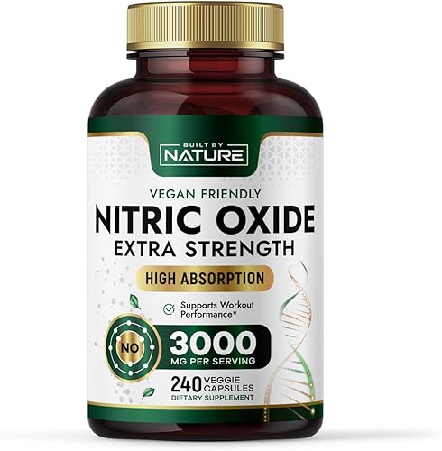 Built by Nature Suplemento de óxido nítrico de 2400 mg con L-arginina, L-citrulina y extracto de raíz de remolacha, 240 cápsulas
