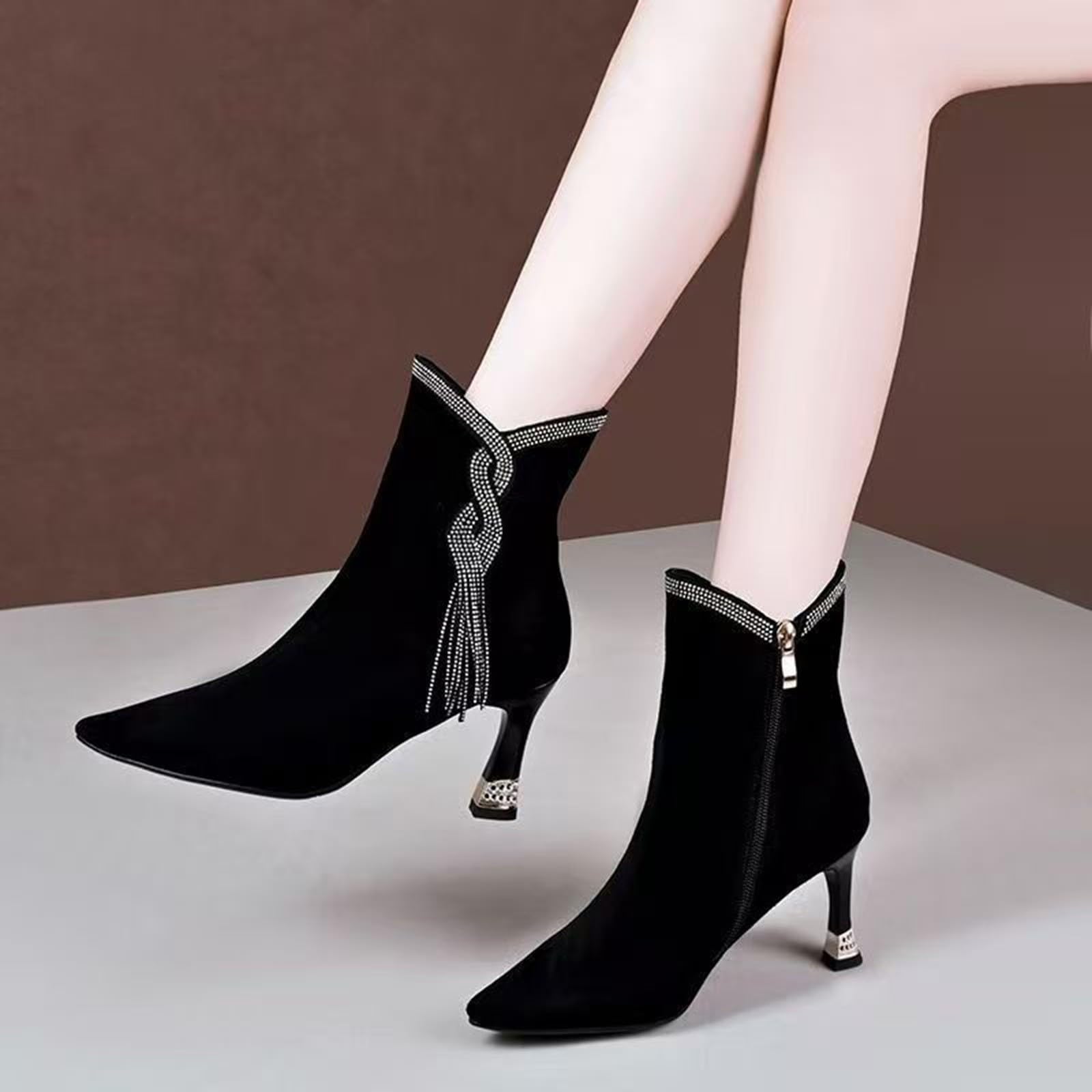 Stivaletti da donna con tacco a punta – Tacchi alti neri da donna con glitter in pelle scamosciata con chiusura lampo laterale a spillo, stivaletti da sera Chelsea