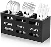 Wooden Utensil Holder, Kitchen Cutlery Holder with 3 Compartments, Large Capacity Cutlery Caddy Cooking Utensil Organizer, Multipurpose Flatware Caddy for Forks Spoons Cutters(black)
